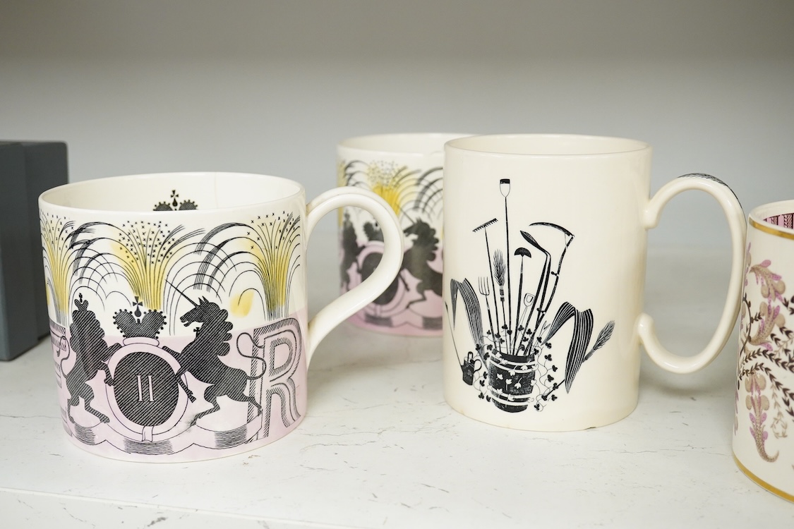 Six Wedgwood Commemorative mugs comprising Eric Ravilious 1953 Coronation of Queen Elizabeth examples and a 1939 Garden Implements example, largest 12cm high (four a.f)